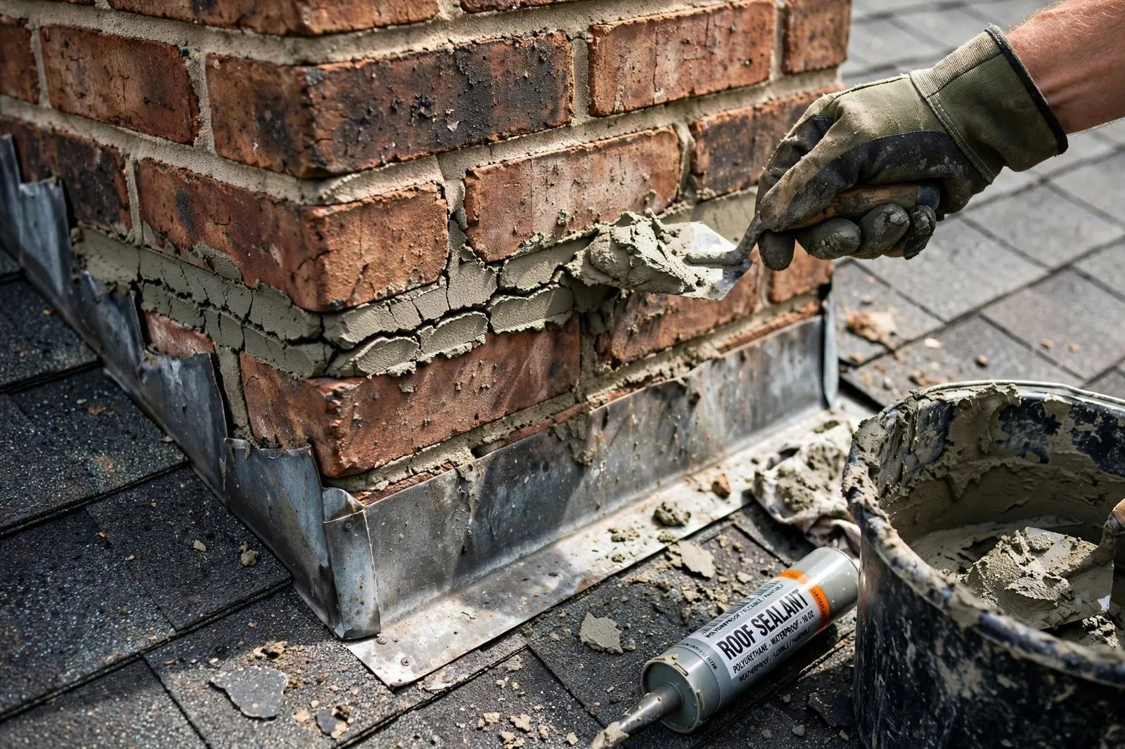 Repointing cracked mortar during a chimney leak repair in Sayreville, NJ