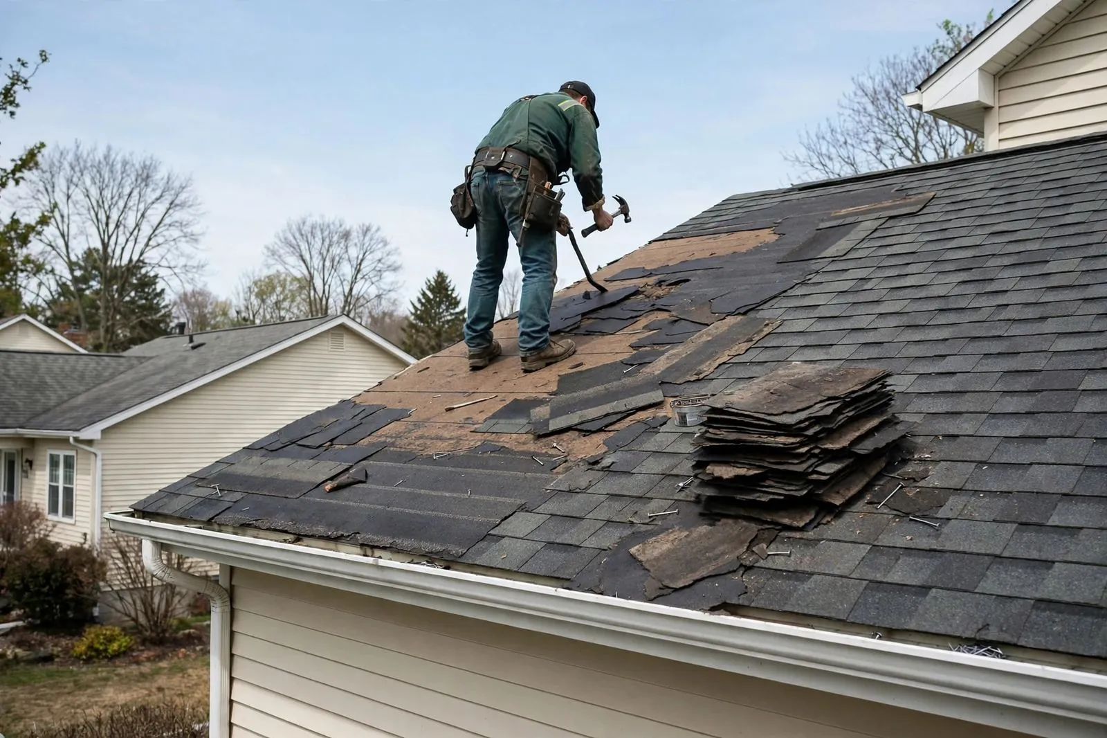 Removing damaged shingles during a roof repair in Sayreville, NJ