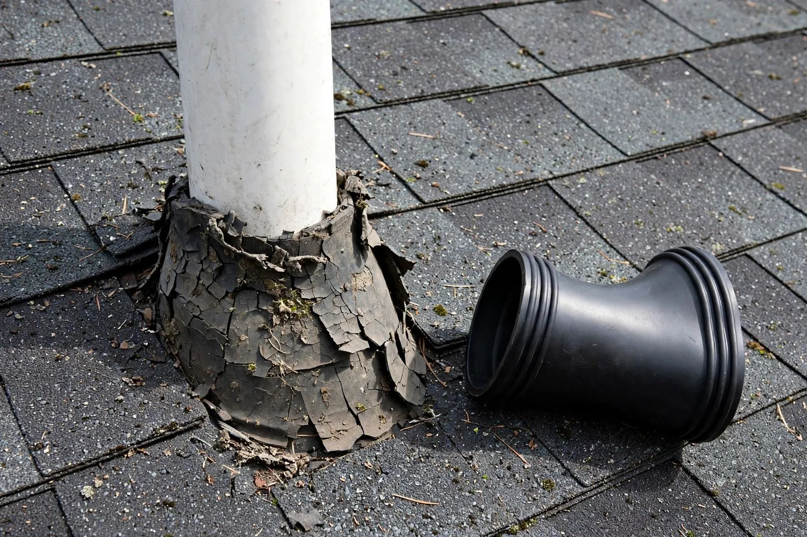 A cracked vent pipe boot beside its replacement on a Sayreville roof